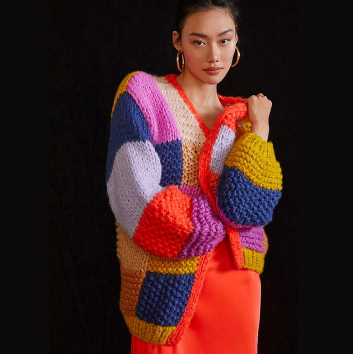Damen Grobstrick-Cardigan mit buntem Patchwork-Design W&W Mode