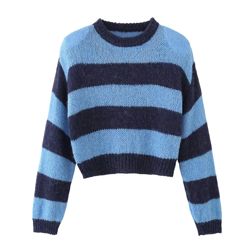 Damen Cropped Strickpullover mit maritimem Streifenmuster und Rundhalsausschnitt W&W Mode