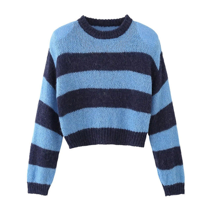 Damen Cropped Strickpullover mit maritimem Streifenmuster und Rundhalsausschnitt W&W Mode