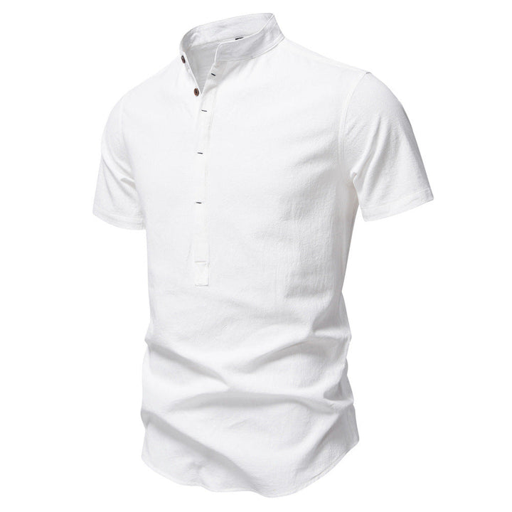 Herren nan lässiges Kurzarmshirt mit Stehkragen, halber Knopfleiste und leicht strukturierter Baumwoll-Leinen-Qualität W&W Mode