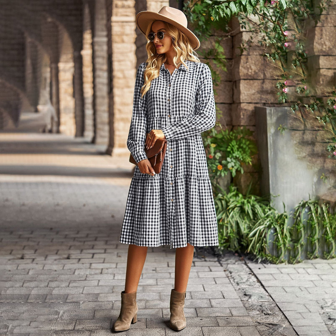 Damen karierte Midi-Bluse mit Knopfleiste und ausgestelltem Rock W&W Mode