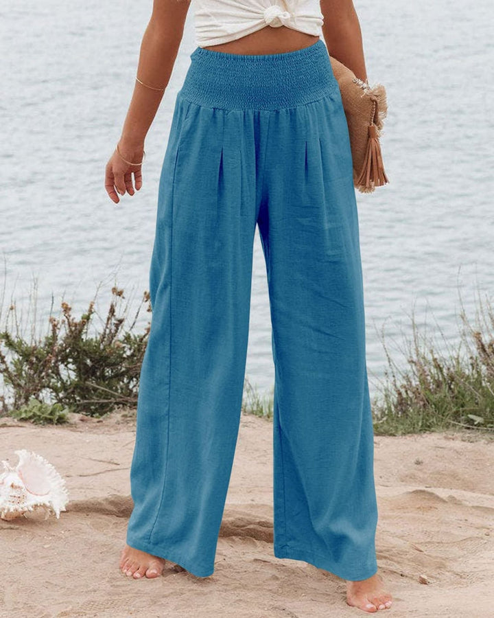 Damen Weite Leinenhose mit elastischem Bund und Falten W&W Mode