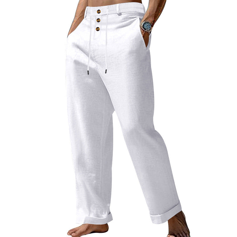 Herren lässige Leinenhose mit praktischen Knöpfen und elastischem Bund W&W Mode