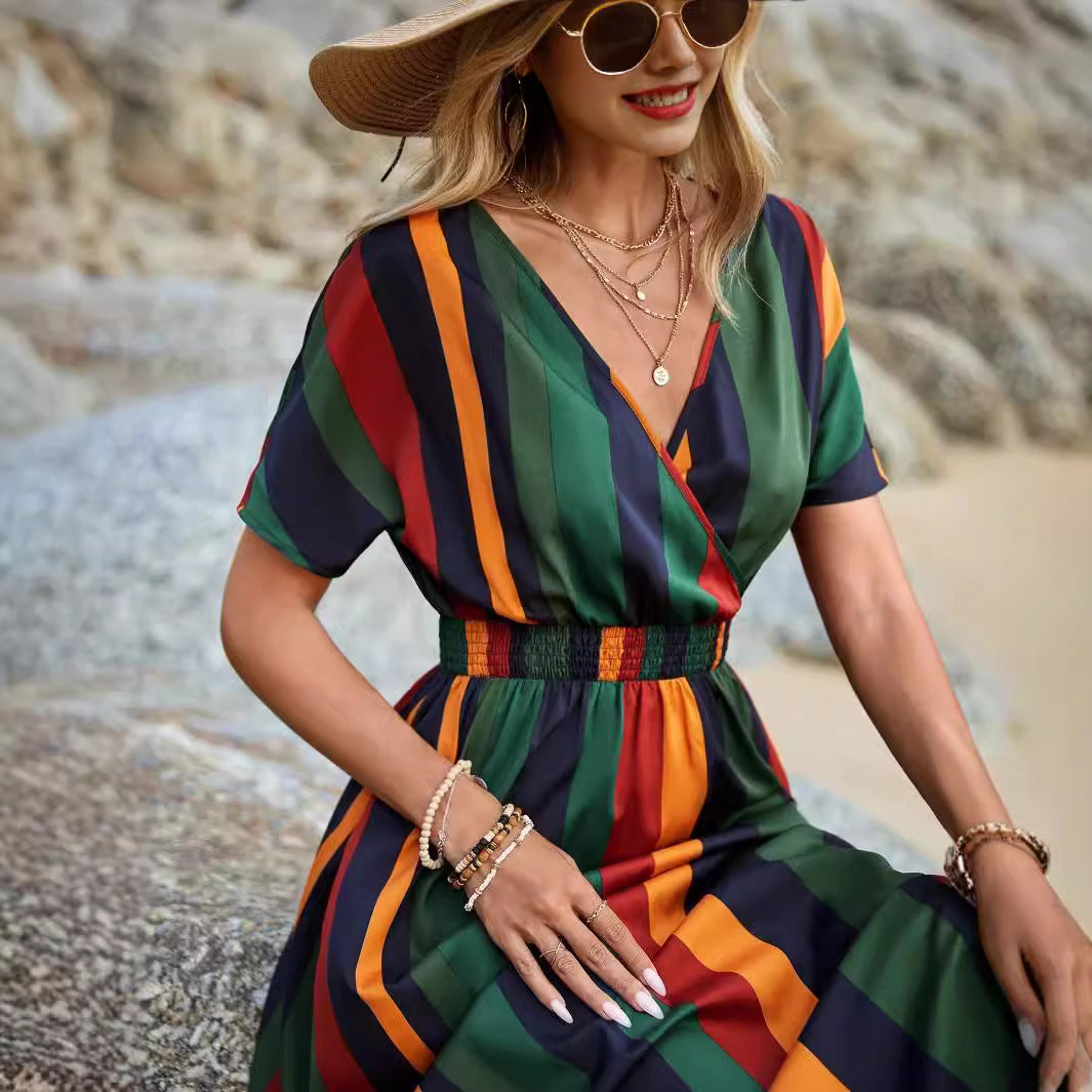 W&W Mode | Gestreiftes Elastisches Taillenstrandkleid