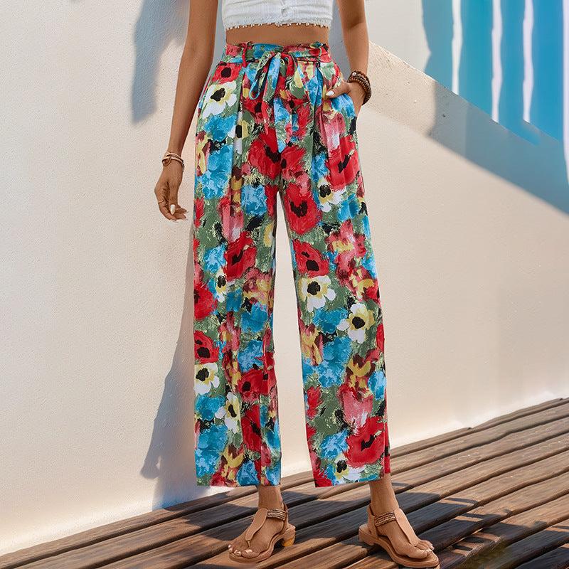 Damen weite Sommerhose mit buntem Blumenmuster und elastischem Bund W&W Mode