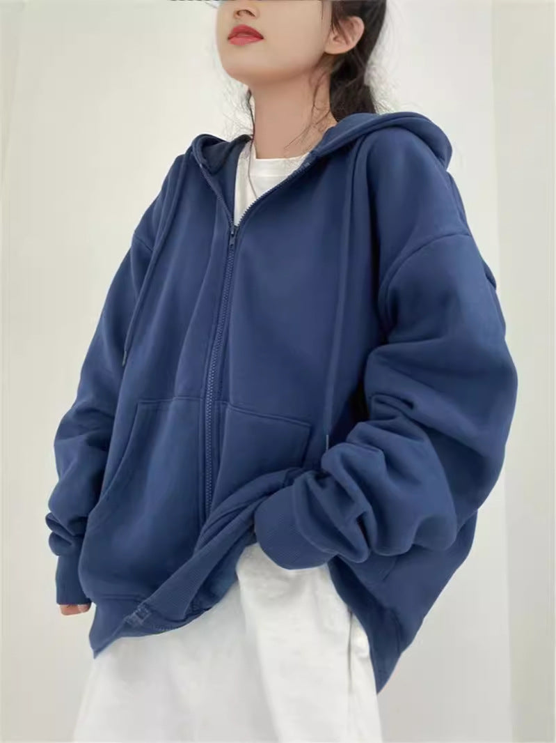 W&W Mode Zip-up Oversized Solid Pocket Hooded Langarm Lose Baseball Jacke