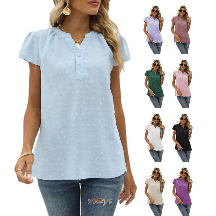 W&W Mode | Jacquard Chiffon Locker V-Ausschnitt Kurzarm Top