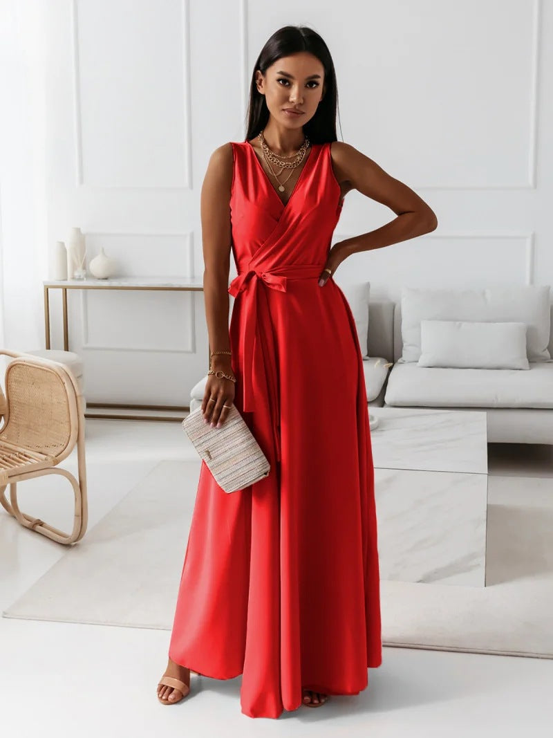 W&W Mode | Damen Einfarbiges V-ausschnitt Langes Kleid