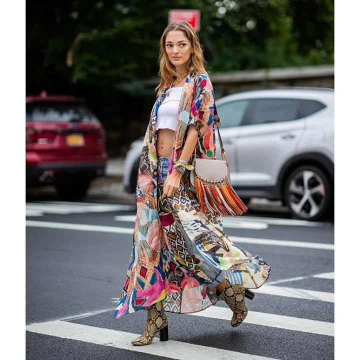 Damen Kimono-Überwurf mit buntem Patchwork-Design und leichtem Stoff W&W Mode
