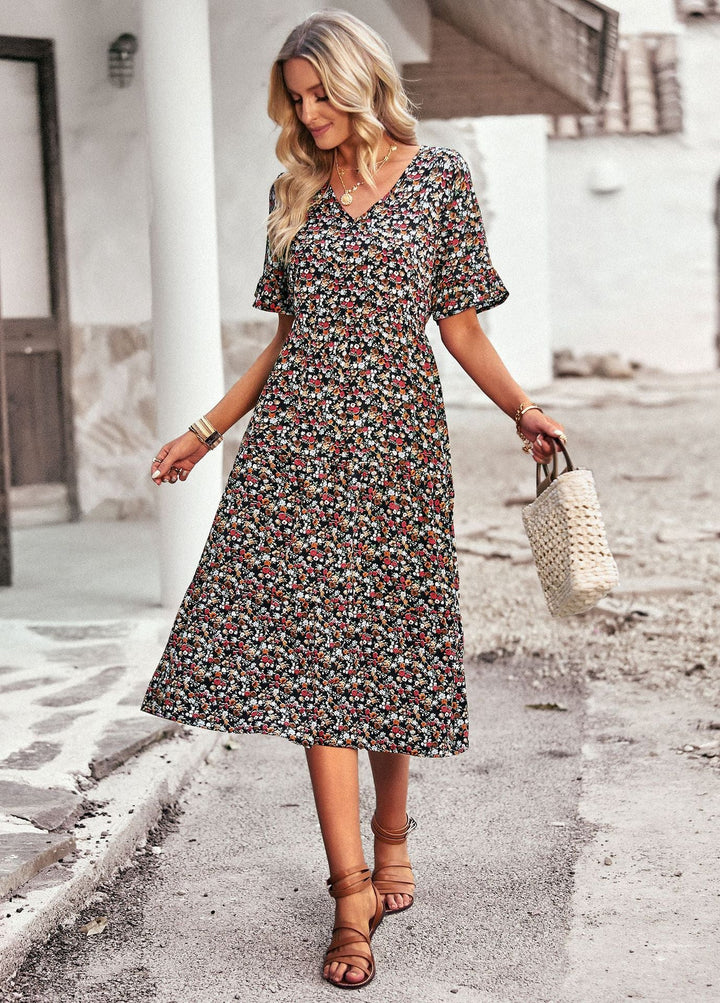 Damen Midi-Kleid mit floralem Muster und verspieltem V-Ausschnitt W&W Mode
