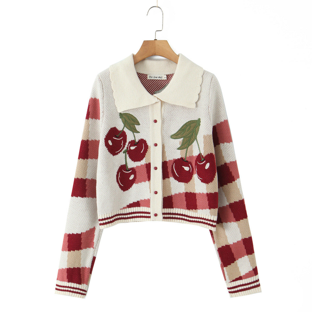 Damen verspielte Cropped Strickjacke mit floralem Kirschmuster W&W Mode