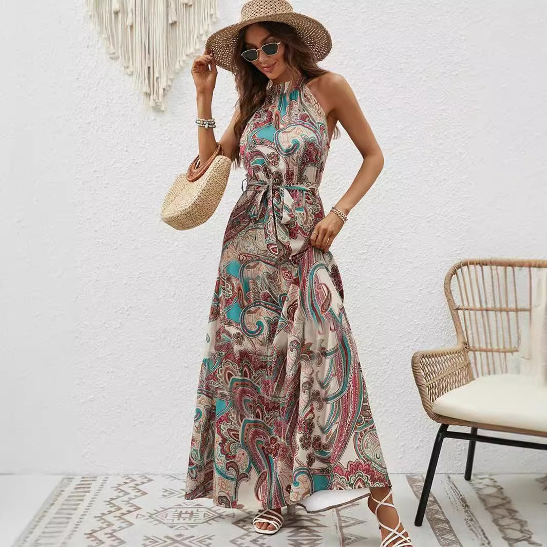 Damen Maxikleid im Boho-Stil mit elegantem Halterneck und seitlichem Bindegürtel W&W Mode