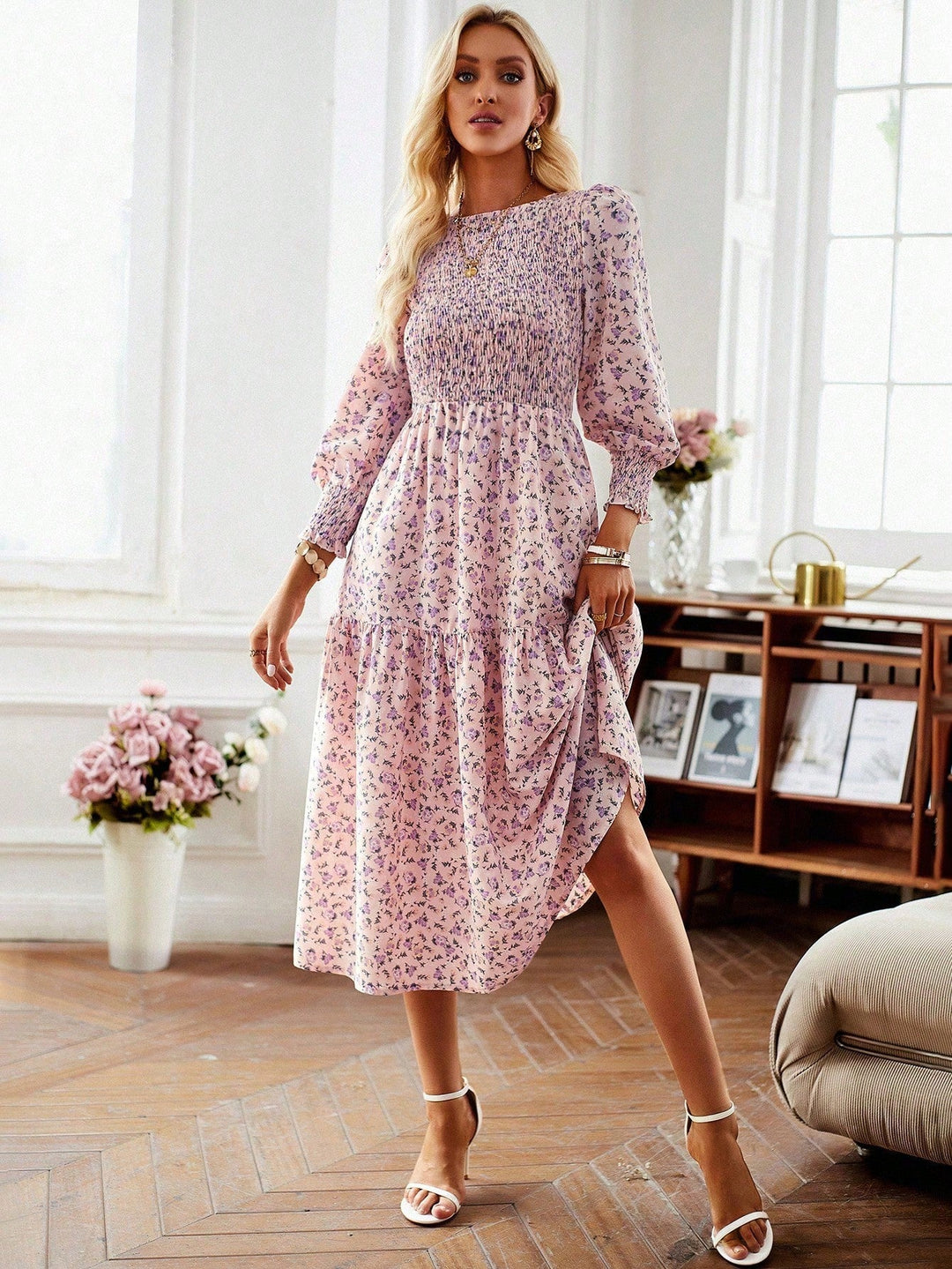 Damen florales Midi-Kleid mit geraffter Taille und langen Ärmeln W&W Mode