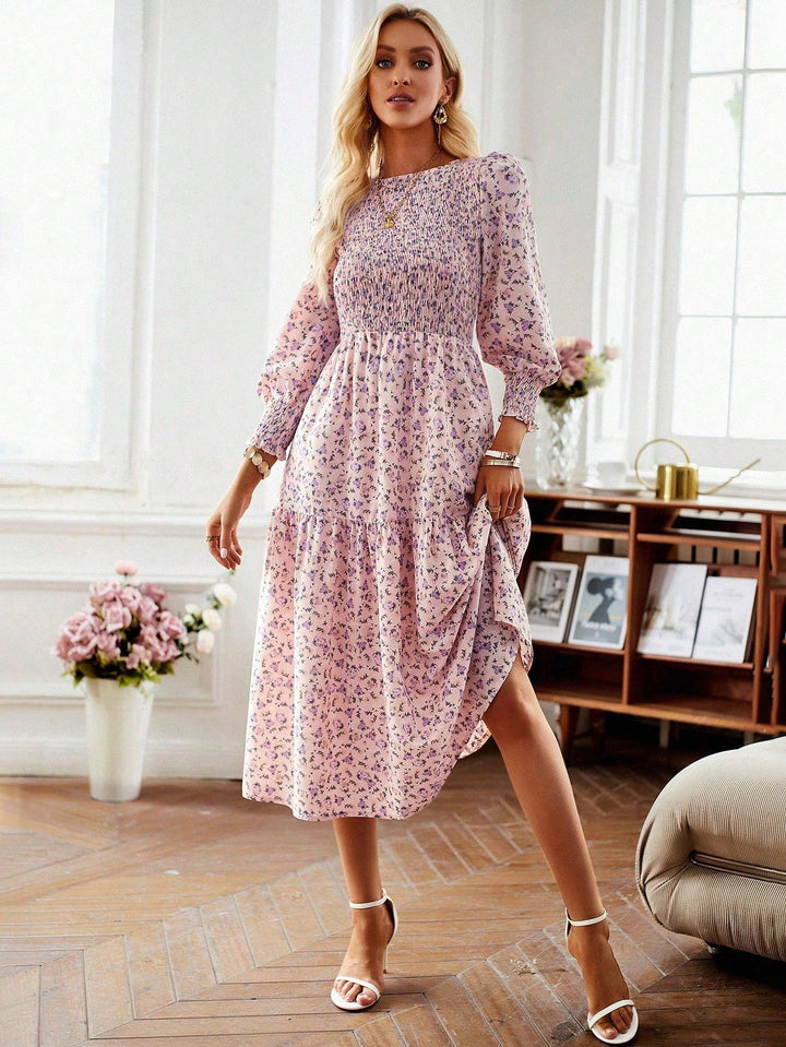Damen florales Midi-Kleid mit geraffter Taille und langen Ärmeln W&W Mode