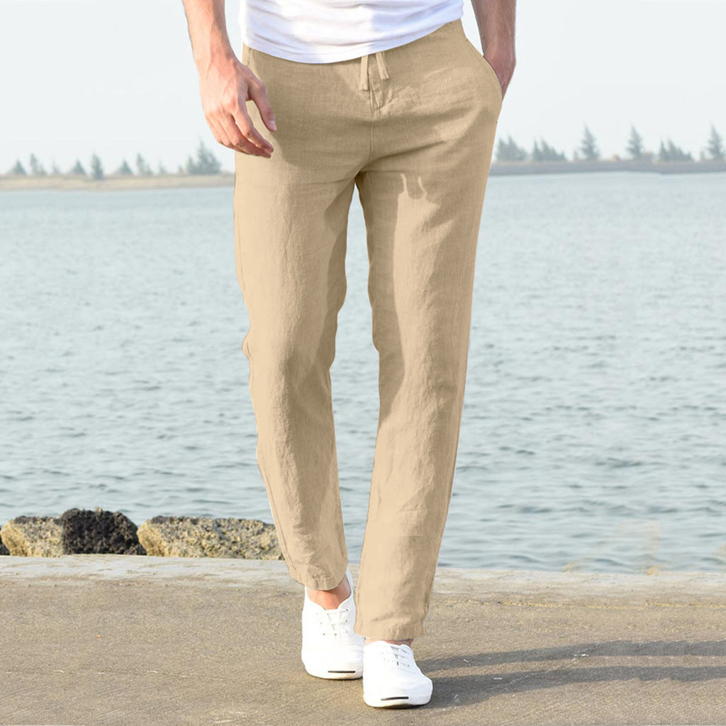 Herren lässige Leinenhose mit elastischem Bund und seitlichen Taschen W&W Mode