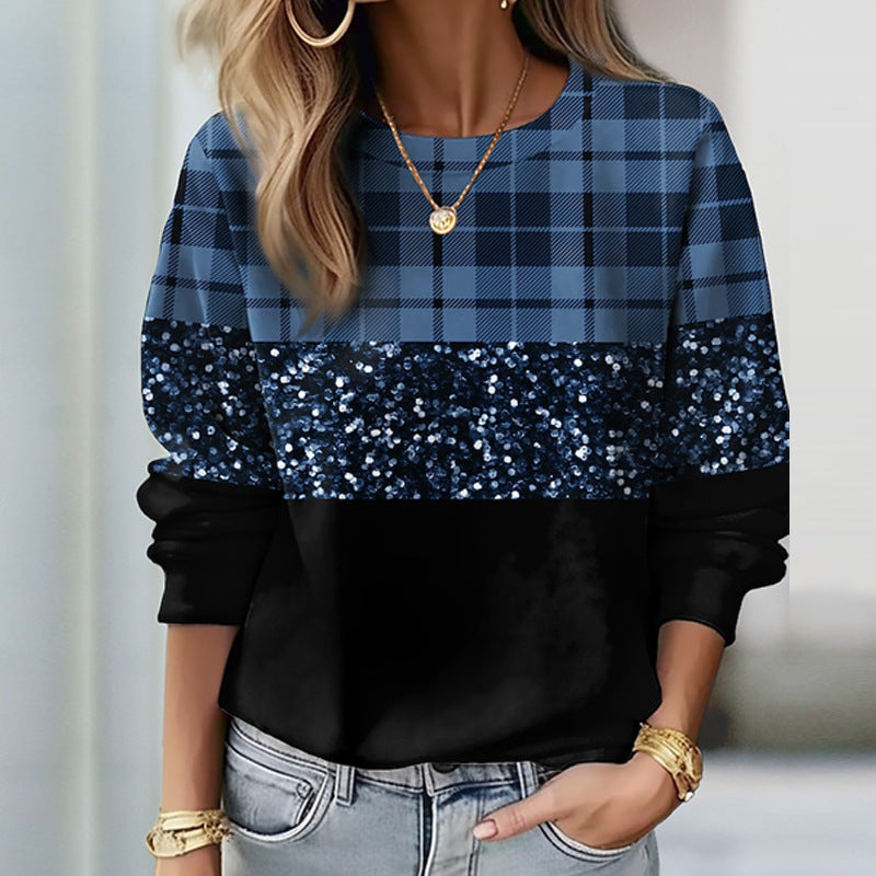 Damen Glitzer-Sweatshirt mit Karomuster und lässigem Schnitt W&W Mode
