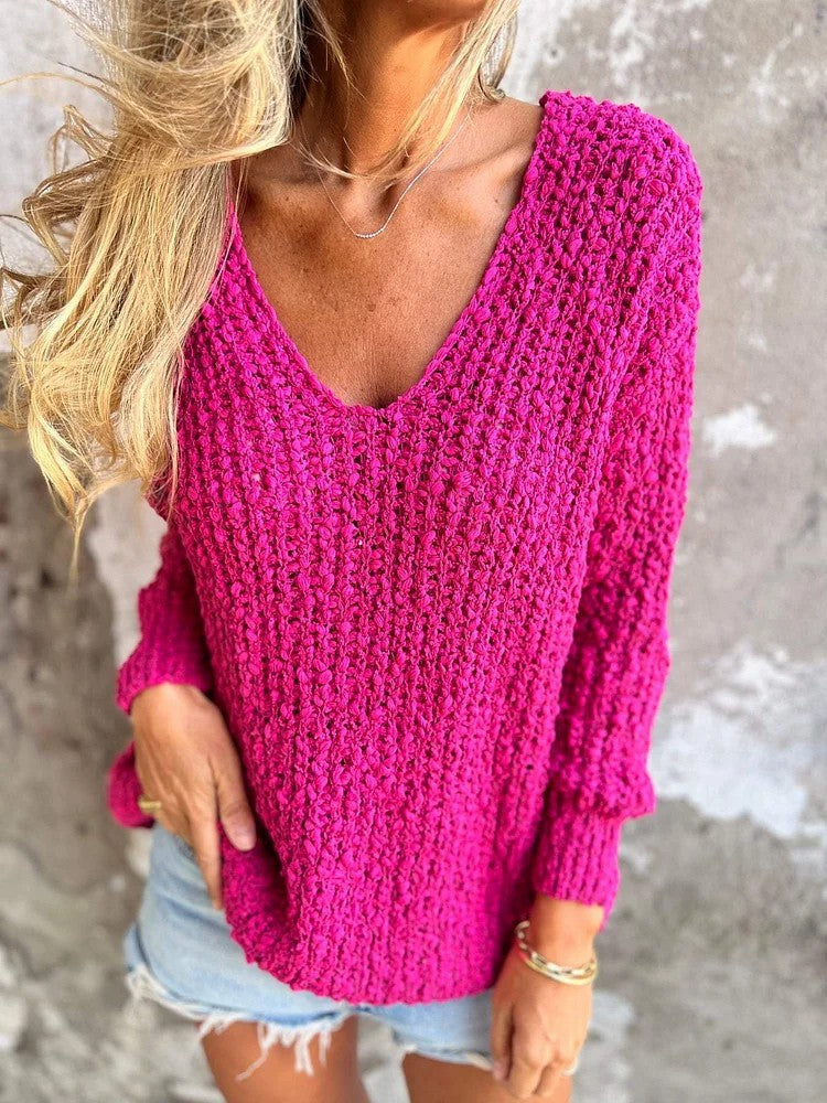 W&W Mode Chunky gestrickter V-Ausschnitt gemütlicher langärmeliger Pullover