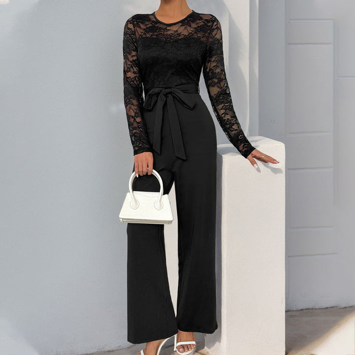 Damen Jumpsuit mit elegantem Spitzenoberteil und taillierbarem Gürtel W&W Mode