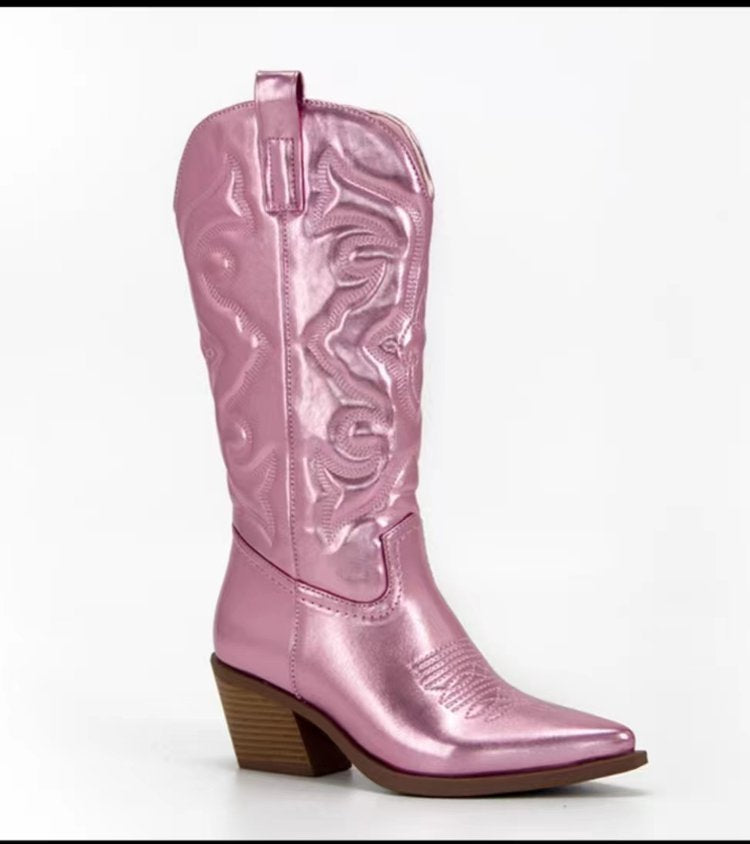 Damen Cowboystiefel mit raffiniertem Muster und stabilen Blockabsatz W&W Mode