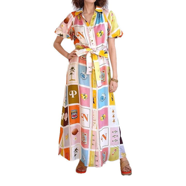 Damen Hemdblusenkleid mit farbenfrohem Print und taillierbarem Gürtel W&W Mode