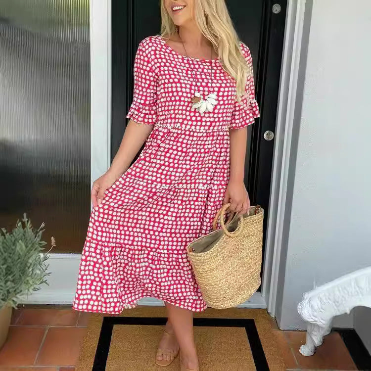 W&W Mode | Sommer Rundhals Bedrucktes Kurzarmkleid