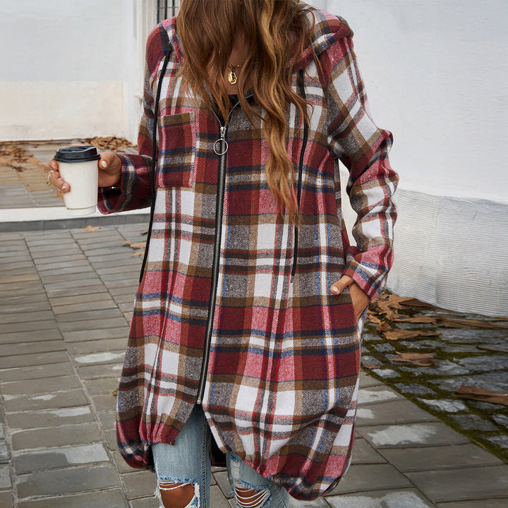 Damen Karierte Longjacke mit Kapuze und Taschen W&W Mode
