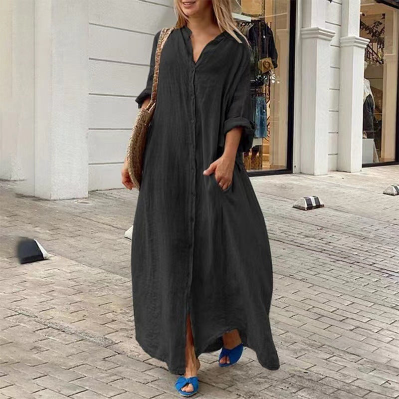 W&W Mode | Einreiher Baumwoll-Leinen Plus Size Langkleid