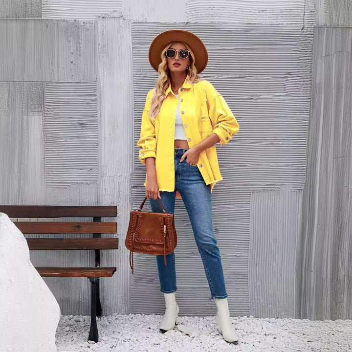 Damen Denim-Hemdjacke im lässigen Oversized-Schnitt mit fransigen Details W&W Mode