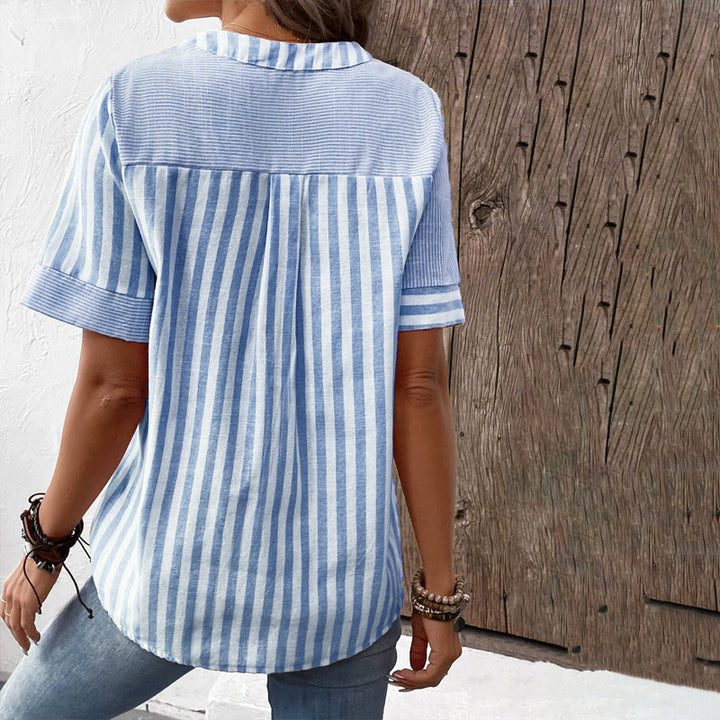 W&W Mode V-Ausschnitt Asymmetrisches Streifen-Patchwork-Top