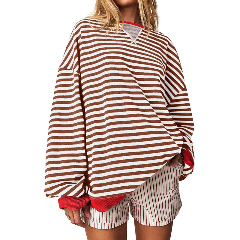 Damen Bequeme Streifenpulli mit Raglanärmeln und elastischen Bündchen W&W Mode