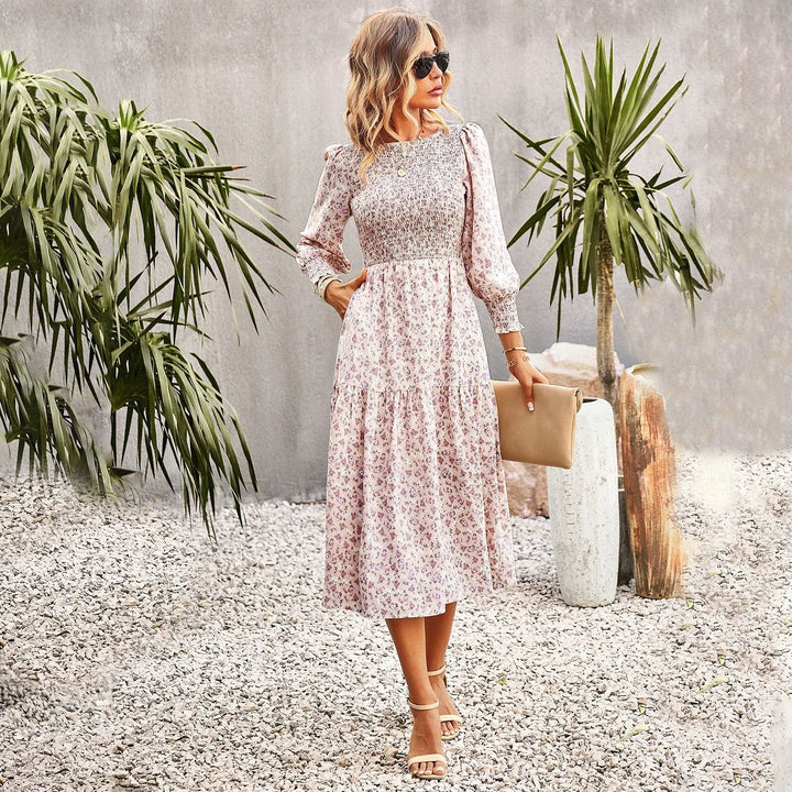 Damen florales Midi-Kleid mit geraffter Taille und langen Ärmeln W&W Mode