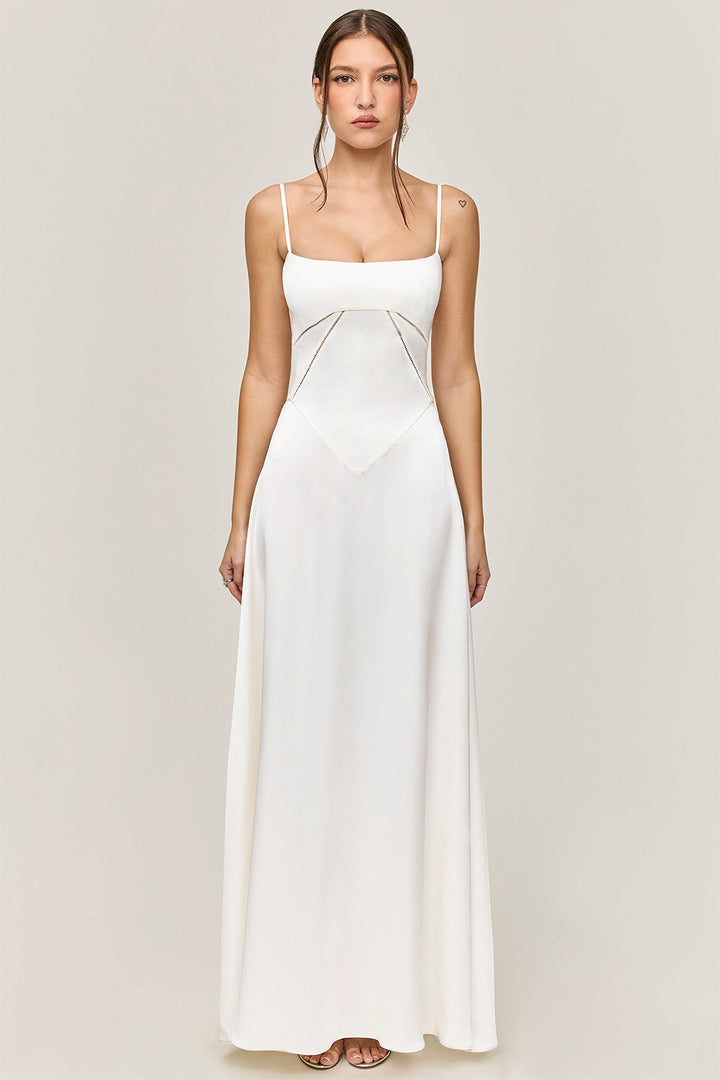 W&W Mode | Abendkleid Satin Glanz Spaghetti Träger Rückenfrei Schmaler Schnitt Elegantes Kleid