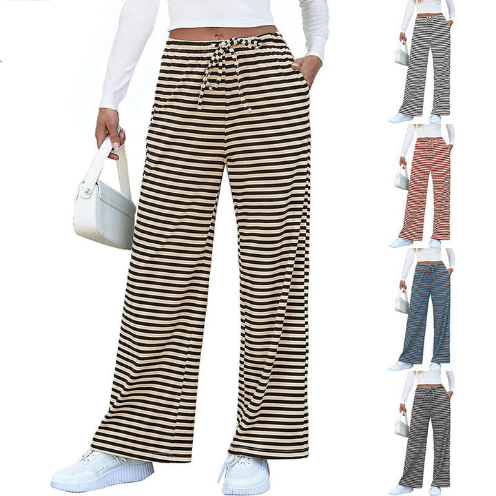 Damen weite Streifenhose mit elastischem Bund und Kordelzug W&W Mode