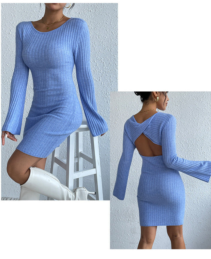 W&W Mode | Langärmliges Trompetenärmel Offener Rücken Strickkleid