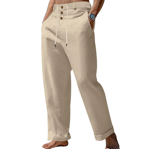 Herren nan weite Sommerhose aus Leinen-Baumwollmix mit dreifach-Knopfleiste, Tunnelzugbund und Umschlagsaum W&W Mode