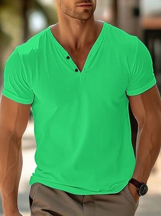 Herren Kurzarm Hemd mit modischem Henley-Ausschnitt und dekorativen Knöpfen W&W Mode