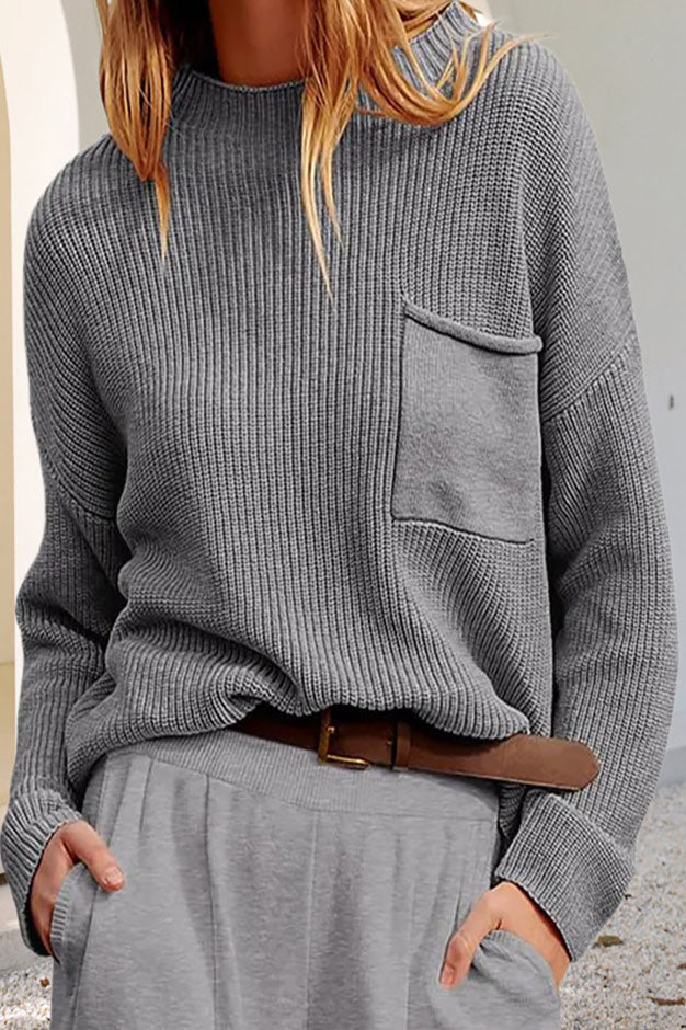 W&W Mode Entspanntes Langarm-Taschen-Strick-Sweatshirt