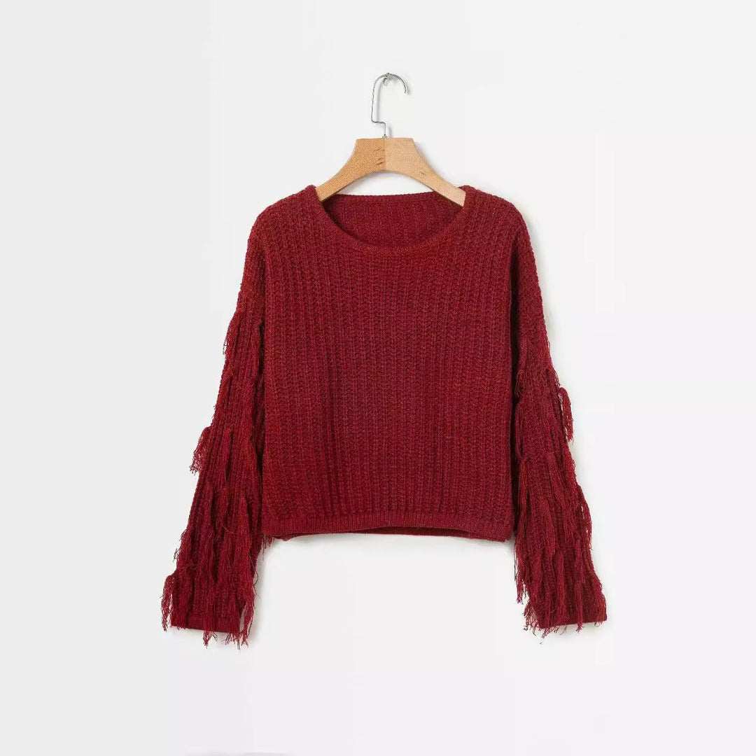 Damen Grobstrickpullover mit fransigen Ärmeln und gemütlichem Schnitt W&W Mode