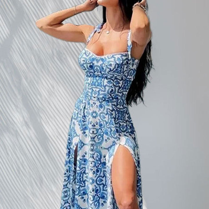 Damen Maxikleid mit seitlichem Schlitz und floralen Ornamenten W&W Mode