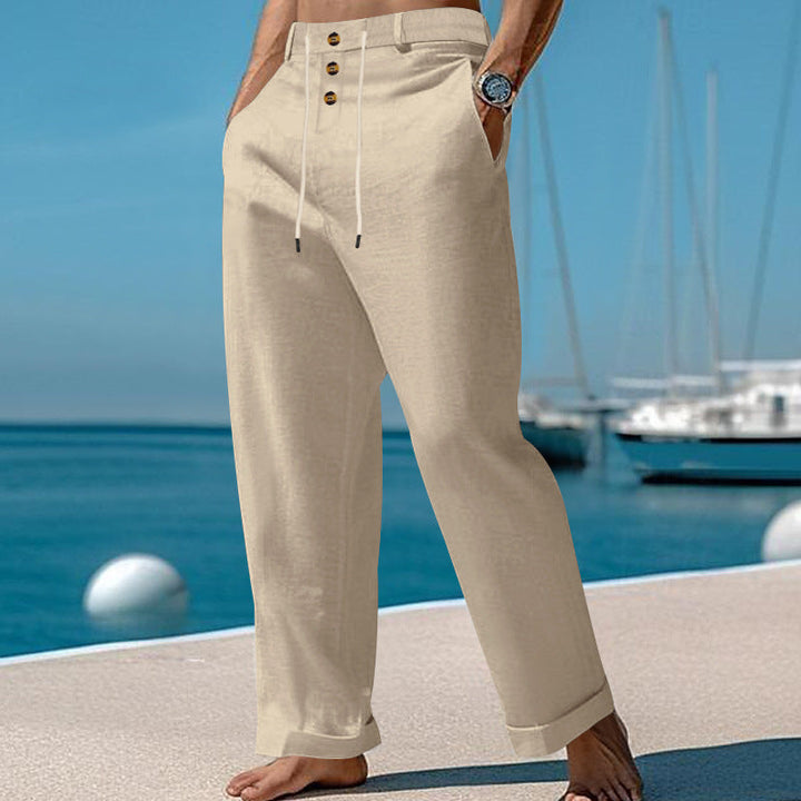 Herren nan weite Sommerhose aus Leinen-Baumwollmix mit dreifach-Knopfleiste, Tunnelzugbund und Umschlagsaum W&W Mode