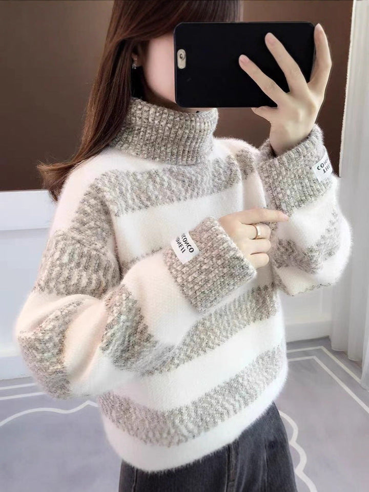 W&W Mode | Gestreifter Rollkragen Strickpullover Für Frauen