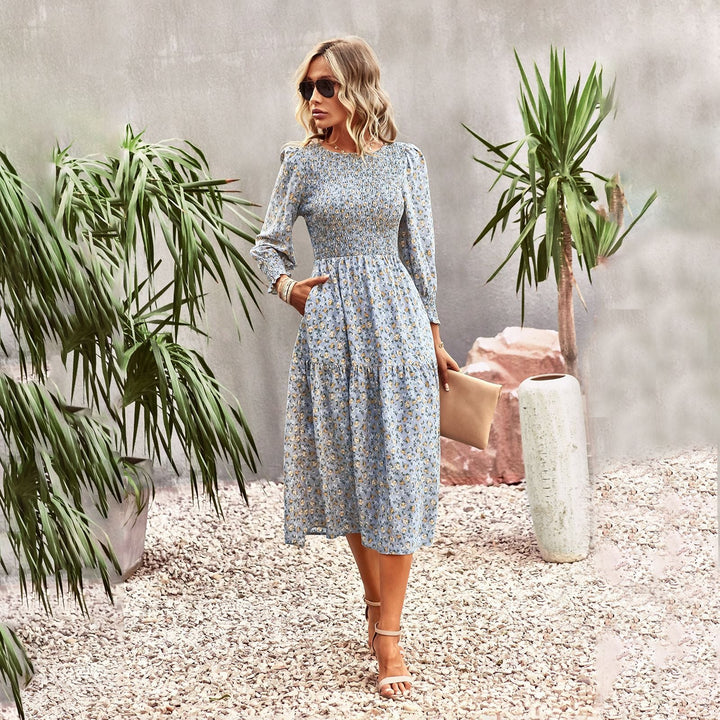 Damen florales Midi-Kleid mit geraffter Taille und langen Ärmeln W&W Mode
