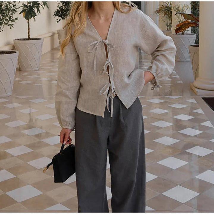 Damen Leinenbluse mit eleganten Schleifen W&W Mode