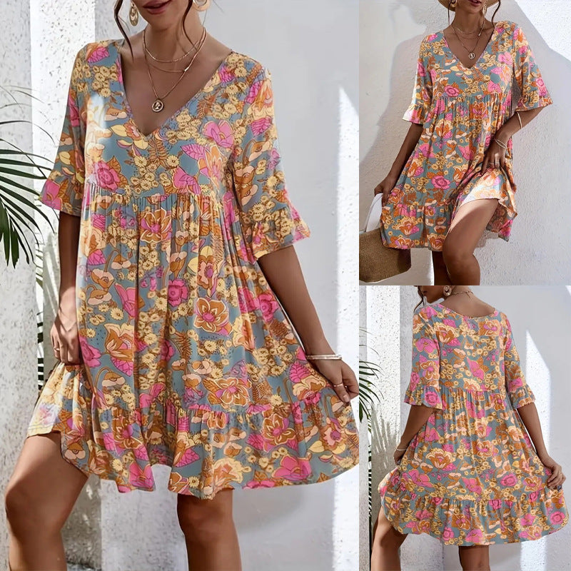 Damen Freizeitkleid mit V-Ausschnitt und fließendem Schnitt W&W Mode