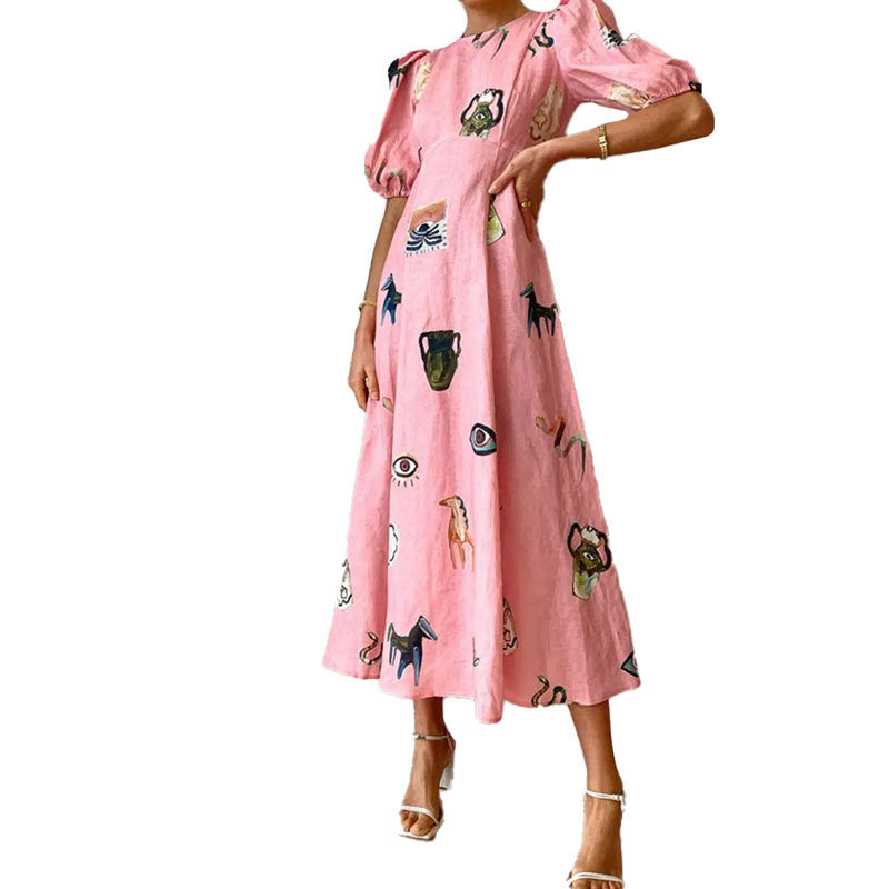 Damen Maxikleid mit künstlerischem Motiv und voluminösen Ärmeln W&W Mode