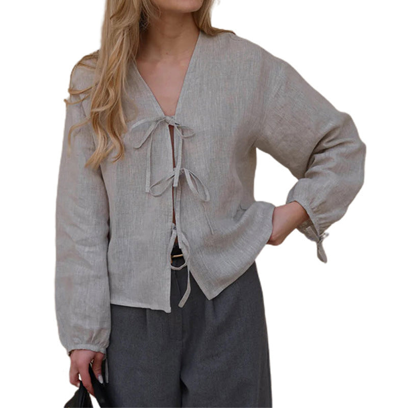 Damen Leinenbluse mit eleganten Schleifen W&W Mode