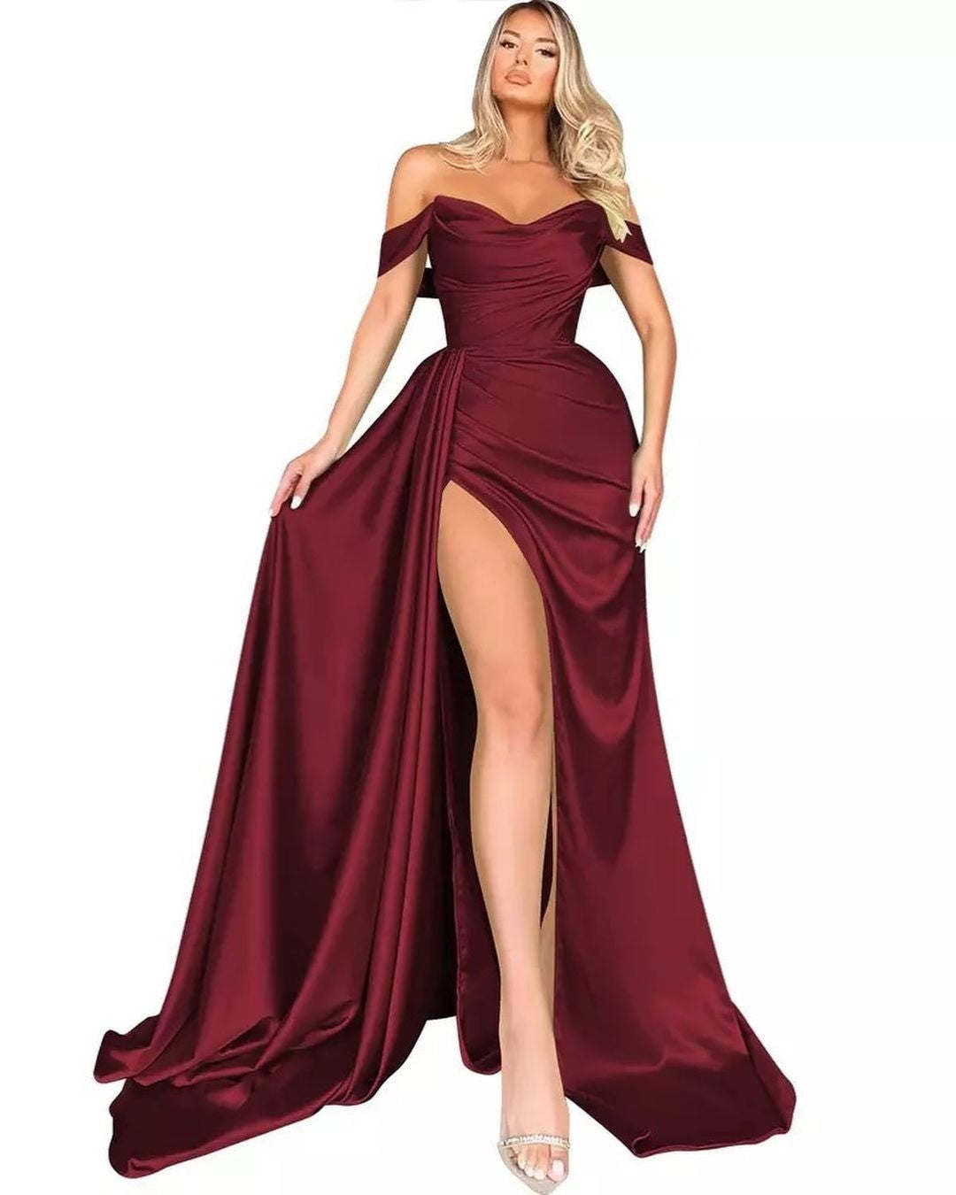Damen Off-Shoulder Abendkleid mit hohem Beinschlitz und voluminösem Rock W&W Mode