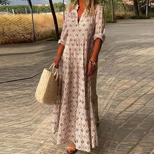 W&W Mode | Gemustertes V-ausschnitt Boho Maxikleid Für Damen