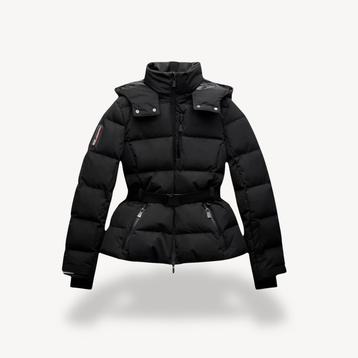 W&W Mode | Schwarze Wasserdichte Gesteppte Jacke mit Hohem Kragen und Gürtel