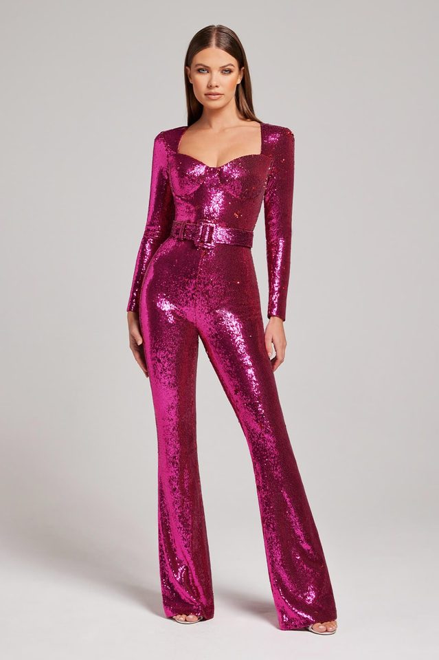 W&W Mode Damen Pailletten Jumpsuit Elegant Party Overall Langarm